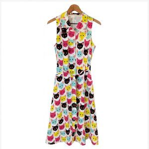 NWOT Saint Geraldine Dress Colorful Cat Print Sleeveless Fit and Flare Belted S